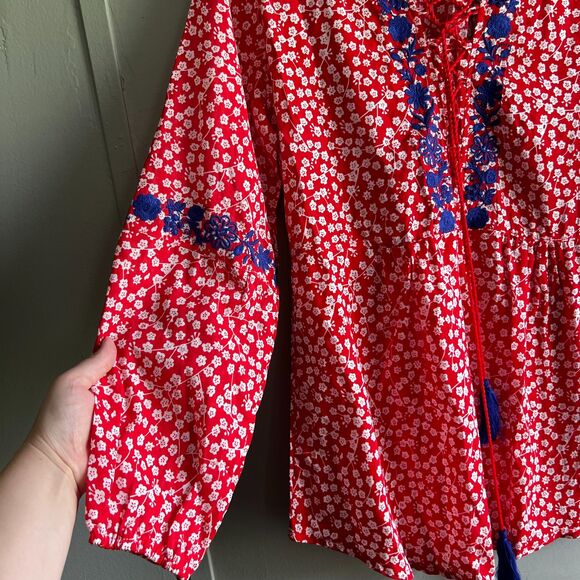 Solitaire Floral Embroidered Blouse Top Red White Blue Boho Casual - Small - Picture 6 of 7